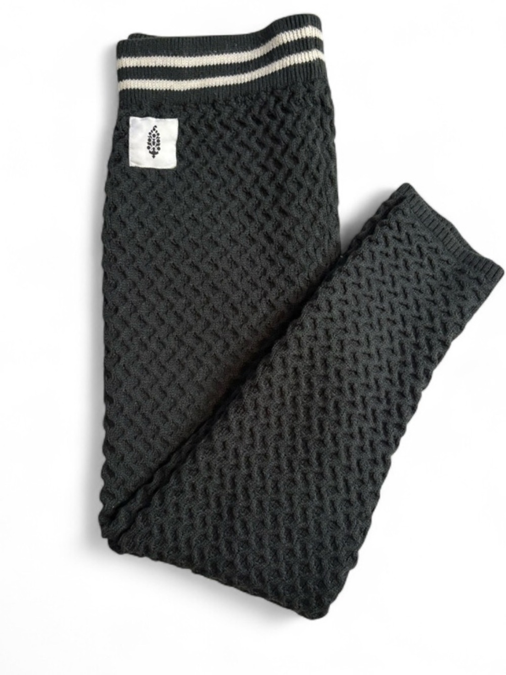 FP Movement by Free People Black Textured Knit Leggings with Stripe Waistband